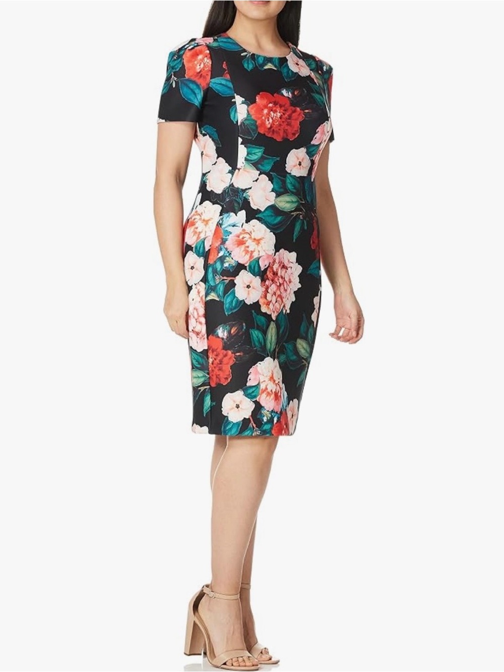 Calvin Klein Black Midi Dress with Red & Pink Floral Print